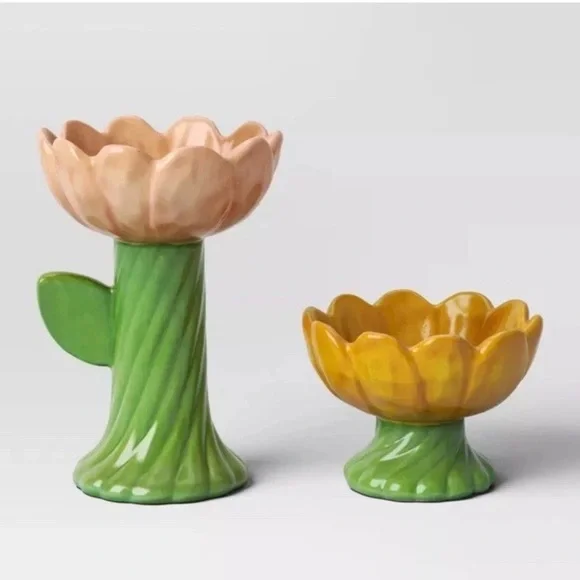 NEW Threshold Spring Easter Ceramic Flower Candle Holders Set of 2 - Picture 2 of 3